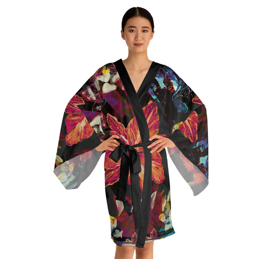 Floral Noir Kimono Robe — Long Sleeve Boho Lounge Jacket